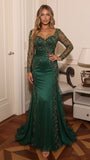 Long Sleeve Sweetheart Mermaid Evening Gown with Beaded Lace & Ruffle Train