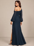 One Shoulder Lantern Sleeve Ruched Waist Side Slit Chiffon Evening Dress