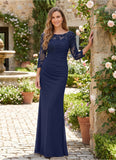 Bateau Neck 3/4 Illusion Lace Sleeve Ruched Sheath Mother of the Bride Dress