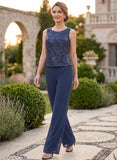 3-Piece Jewel Neck Allover Sequin Lace Top, 3/4 Sleeve Sequin Trim Chiffon Mother of the Bride Pantsuit