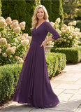 V-Neck 3/4 Sleeve Ruched Starburst Chiffon A-Line Mother of the Bride Dress