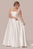 Square Neck Wide Strap Boned Corset Pockets A-Line Satin Wedding Dress with Train