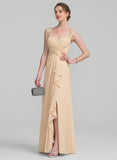 A-line V-Neck Floor-Length Lace Chiffon Mother of the Bride Dress With Cascading Ruffles