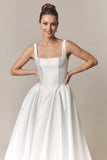 Square Neck Wide Strap Boned Corset Pockets A-Line Satin Wedding Dress with Train