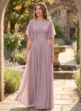 Bateau Neck Flutter Sleeve Floral Embroidered Chiffon A-Line Mother of the Bride Dress