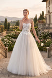 Strapless Floral Applique Tulle Wedding Dress with Chapel Train