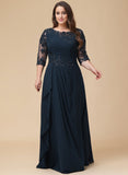 A-line Scoop Floor-Length Lace Chiffon Mother of the Bride Dress With Cascading Ruffles Sequins