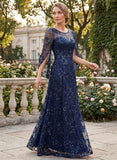 Illusion Scoop Neck Split Cape Sleeve Allover Sequin Floral Lace A-Line Mother of the Bride Dress