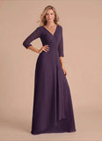 V-Neck 3/4 Sleeve Ruched Starburst Chiffon A-Line Mother of the Bride Dress