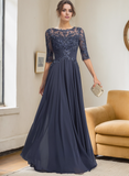 A-line Scoop Illusion Floor-Length Lace Chiffon Mother of the Bride Dress With Pleated Sequins