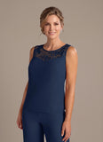 3-Piece Beaded Illusion Neck Chiffon Mother of the Bride Pant Suit with Jacket
