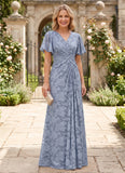 V-Neck Flutter Sleeve Floral Jacquard A-Line Mother of the Bride Dress