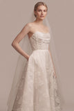 Strapless Floral Embroidered Tulle Pockets A-Line Wedding Dress with Train