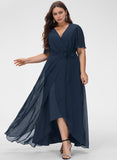 A-line V-Neck Asymmetrical Chiffon Bridesmaid Dress With Bow Pleated