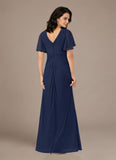 V-Neck Flutter Sleeve Ruched Chiffon A-Line Mother of the Bride Dress