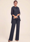 2-Piece Bow Collar 3/4 Sleeve Asymmetric Hem Chiffon Mother of the Bride Pantsuit