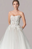 Strapless Floral Applique Tulle Wedding Dress with Chapel Train