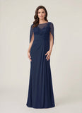 Bateau Neck Lace Applique Cape Sleeve Ruched Chiffon Mother of the Bride Dress