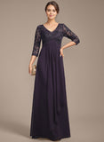 Empire V-Neck Floor-Length Lace Chiffon Mother of the Bride Dress With Cascading Ruffles Sequins