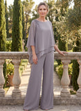 2-Piece Boat Neck 3/4 Sleeve Beaded Shoulder Asymmetric Tiered Chiffon Pantsuit