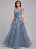 V-Neck Cap Sleeve Allover Rose Lace Applique Tulle A-Line Mother of the Bride Dress