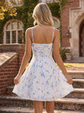Spaghetti Strap Sweetheart Corset Floral Chiffon A-Line Mini Dress