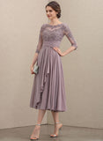 A-line Scoop Illusion Tea-Length Lace Chiffon Mother of the Bride Dress With Cascading Ruffles