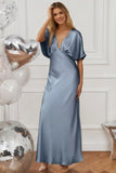 Flutter Sleeve Deep-V Satin Maxi Bridesmaid Dress