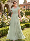 V-Neck Cap Sleeve Beaded Brooch Diagonal Ruched Sequin Panel A-Line Chiffon Mother of the Bride Dress