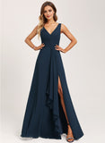 A-line V-Neck Floor-Length Chiffon Bridesmaid Dress With Ruffle