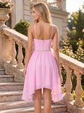 Spaghetti Strap Sweetheart Ruched Beaded Waist High-Low Chiffon A-Line Mini Dress