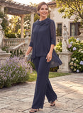 2-Piece Bow Collar 3/4 Sleeve Asymmetric Hem Chiffon Mother of the Bride Pantsuit