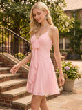 Spaghetti Strap V-Neck Bow Tie Front Ruffle Cascade Chiffon A-Line Mini Dress