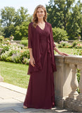2-Piece V-Neck Cascade Ruffle Chiffon Mother of the Bride Dress with 3/4 Sleeve Jacket