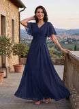 V-Neck Flutter Sleeve Ruched Chiffon A-Line Mother of the Bride Dress