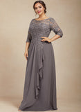 Plus Size A-line Scoop Illusion Floor-Length Lace Chiffon Mother of the Bride Dress With Cascading Ruffles