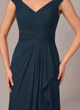 V-Neck Cap Sleeve Diamond Ruched Waistband Side Cascade Chiffon A-Line Mother of the Bride Dress
