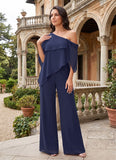 One Shoulder Draped Cape Chiffon Wide-Leg Jumpsuit for Mother of the Bride