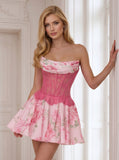 Strapless Draped Floral Print Lace Corset A-Line Homecoming Dress