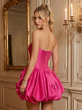 Strapless Corset Pearl Trim 3D Rose Bubble Skirt Satin Mini Dress
