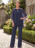 2-Piece Beaded Jewel Neck Batwing Sleeve Tiered Chiffon Pantsuit