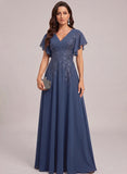 V-Neck Flutter Sleeve Sequin Floral Embroidered Chiffon A-Line Mother of the Bride Dress