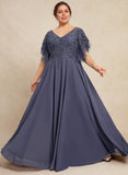 A-line V-Neck Floor-Length Chiffon Lace Mother of the Bride Dress With Sequins Beading