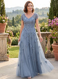 V-Neck Cap Sleeve Allover Rose Lace Applique Tulle A-Line Mother of the Bride Dress