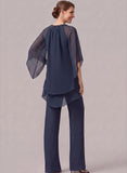 2-Piece Beaded Jewel Neck Batwing Sleeve Tiered Chiffon Pantsuit