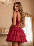 Square Neck Wide Strap Corset Satin Homecoming Dress with Tiered Organza Ruffle Dress & Lace-Up Back