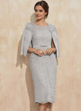 Sheath/Column Scoop Knee-Length Chiffon Lace Mother of the Bride Dress With Beading