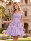 Square Neck Horizontal Ruched Corset Fit and Flare Satin Mini Dress