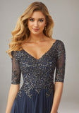 Stretch Mesh Special Occasion Dress with Beaded Metallic Lace Appliqués