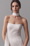 Strapless Neck-Scarf Drop-Waist Satin Wedding Gown